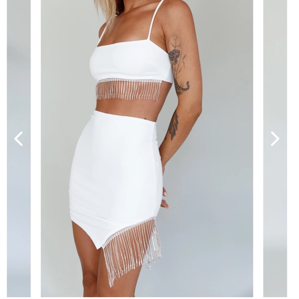 Selfie Leslie call on me dianamante fringe white mini skirt and crop top